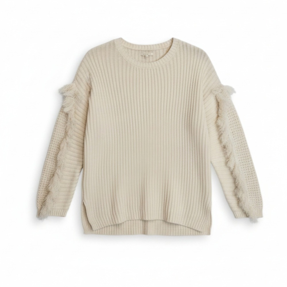Kate & Sam Ivory Ribbed Fringe Sweater Knit Details Soft Size Large